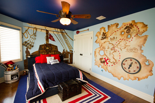 Dark Ceiling Pirate Room with Platform Bed, Pirate Ship Wall Mural, Matching Bedding and Rug